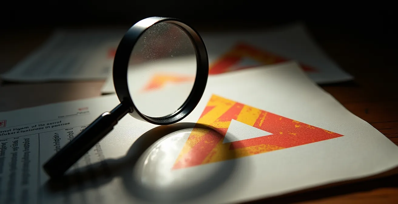 Lupa sobre documento con patrones abstractos de advertencia