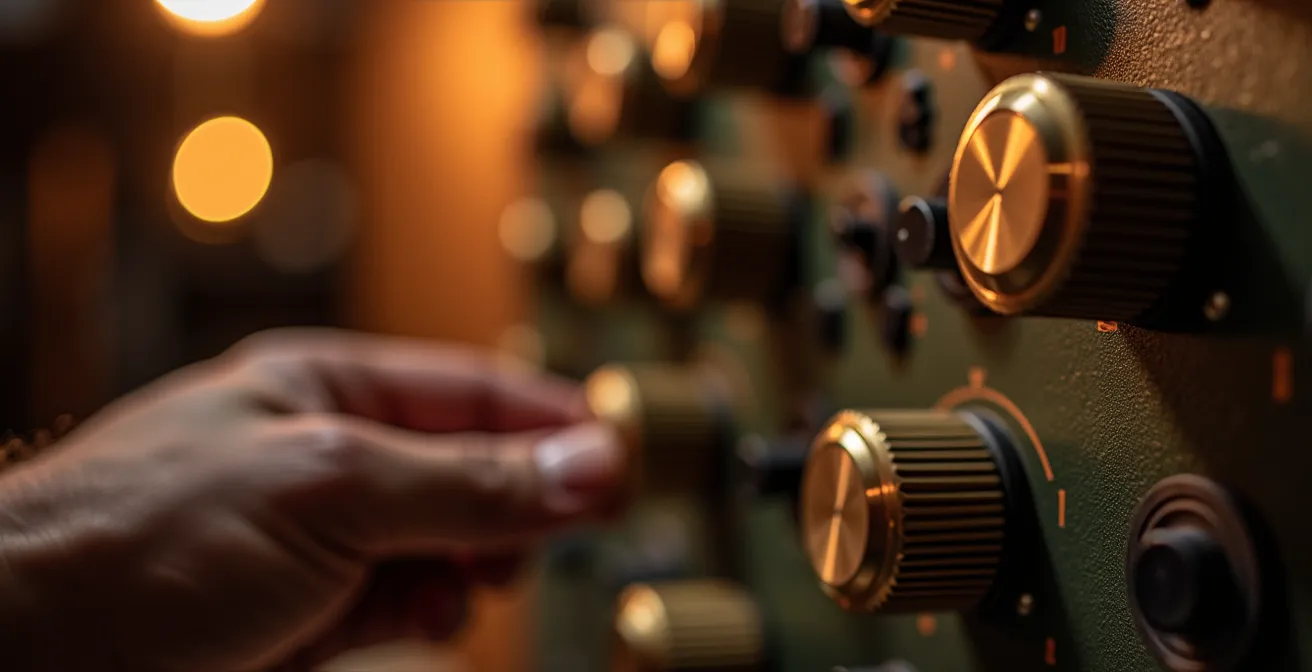 Primer plano de manos ajustando perillas de control en panel analógico