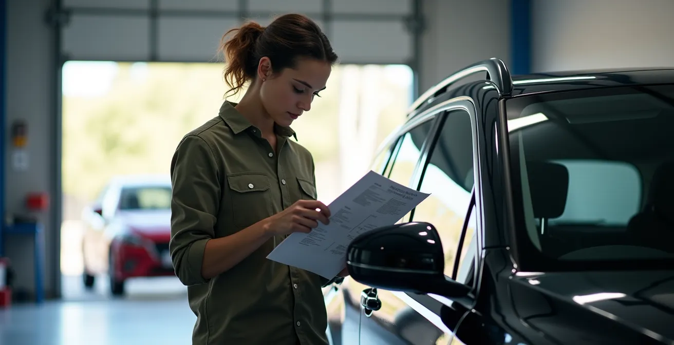 Persona concentrada revisando documentos junto a un vehículo en garaje iluminado