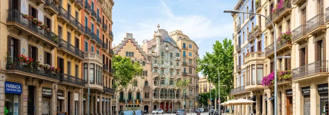 Vista amplia de una calle del barrio Eixample en Barcelona con arquitectura modernista característica, fachadas limpias y luminosas bajo luz mediterránea