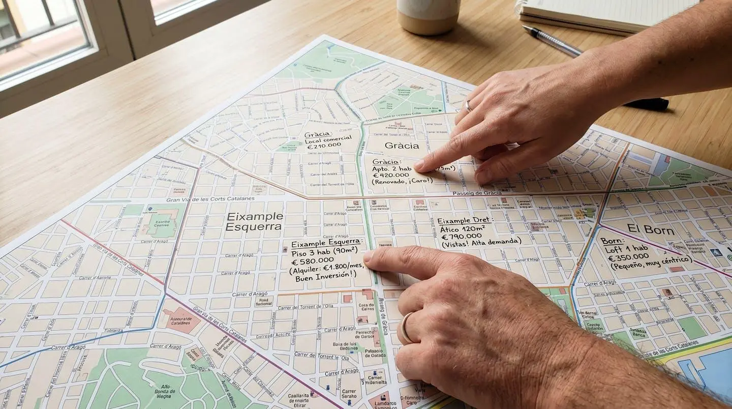 Primer plano de manos señalando sobre mapa detallado de los barrios de Barcelona con anotaciones de precios inmobiliarios, enfoque nítido en el mapa con fondo desenfocado