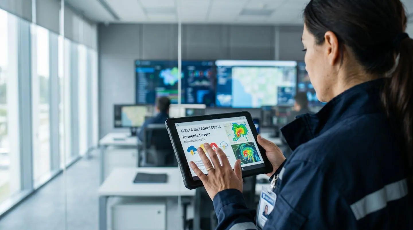 Operario visto de espaldas consultando una tableta con mapas de alertas en una sala de control industrial moderna con pantallas al fondo