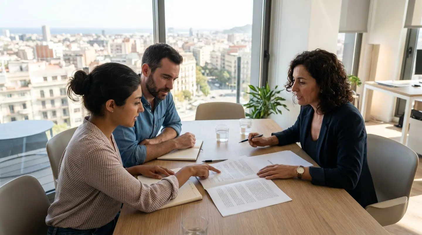 Pareja de origen diverso consultando documentos inmobiliarios con agente en oficina moderna de Barcelona, fotografiados desde ángulo lateral sin contacto visual con cámara