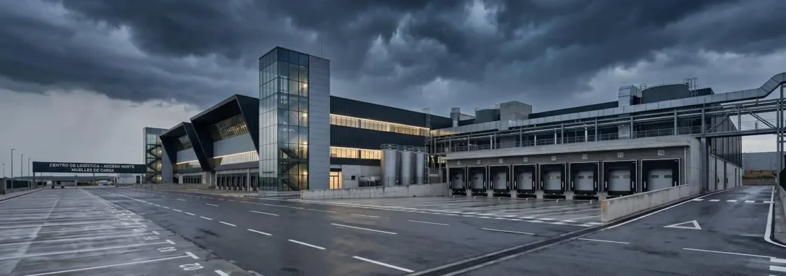 Vista amplia de una planta industrial moderna bajo un cielo oscuro cargado de nubes de tormenta, con zona de carga exterior vacía en primer plano