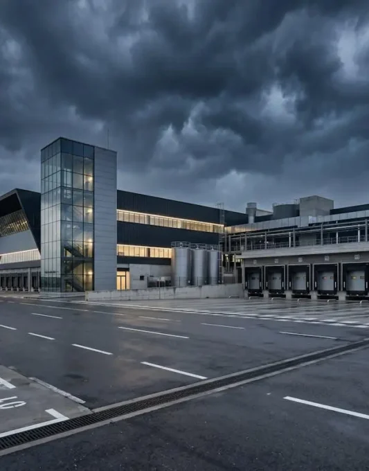Vista amplia de una planta industrial moderna bajo un cielo oscuro cargado de nubes de tormenta, con zona de carga exterior vacía en primer plano