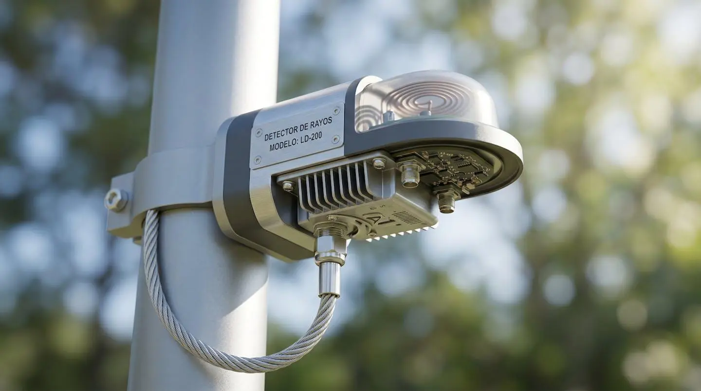 Primer plano extremo de un sensor técnico de detección de rayos montado en un mástil, con detalles de superficie moderna y fondo desenfocado